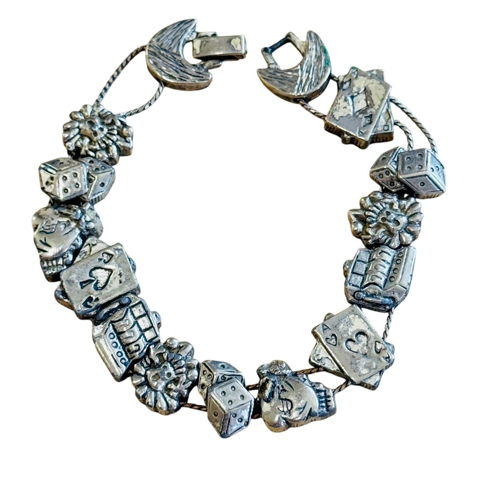 VTG Tofa Gambling Casino Money Bag Dice Charm slider Regal Bracelet Silver Tone